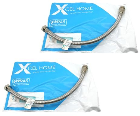 Xcel Home 2X WRAS Approved 400mm 15mm Compression with Isolation Valve x 1/2 Flexible Pipe Connector | Kitchen Sink/Bathroom Basin Stainless Steel Braided Flexi Connectors