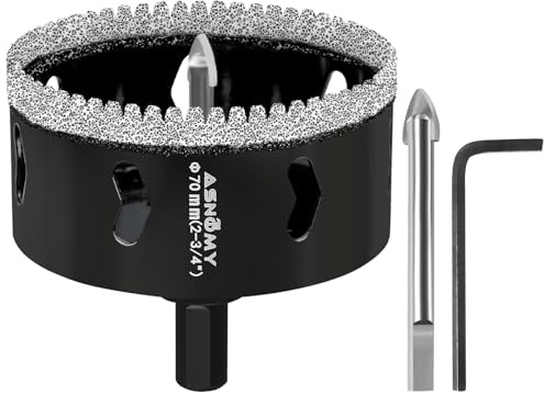 ASNOMY 70mm Diamant Lochsäge mit Zentrierbohrer,Gezahntes Diamantbohrer Diamant Fliesenbohrer,Diamant Bohrkron Glasbohrer zum Bohren für Glas, Fliesen, Porzellan, Granitstein | 5,1–1,9 cm Wellenschliff-Löten Diamant-Kernbohrer mit Führungsbohrer für Porzellan, Fliesen, Glas, Stein, Granit, Marmor