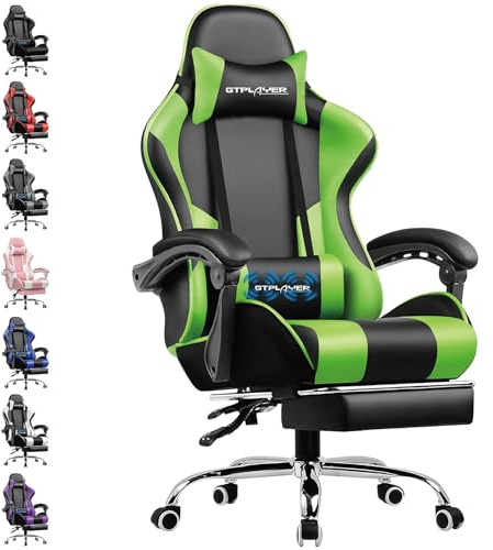 GTPLAYER Gamingstol, kontorsstol, massage, gamingfåtölj, ergonomisk gamingstol med fotstöd, nackstöd, massage-ländryggskudde, vadderad spelstol, snurrstol, grön