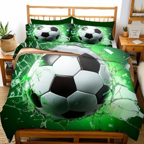 NAWVNMI Set Copripiumino Letto Matrimoniale Pallone Da Calcio Verde Pallone Calcio, 1 x Copripiumino 155x200cm e 2 x Federe 50x80 cm Completo Sacco Parure Microfibra