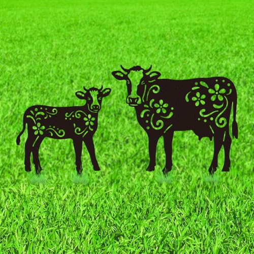 WADORN Kuh Metall Outdoor Statuen Silhouette, Lustige Kuh Dekorative Gartenstecker Aus Metall Blumen Silhouette Ornament Geschenk Lustige Außendekoration Für Garten Hinterhof Terrasse Rasen
