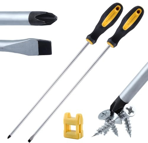 LEONTOOL 2 Pieces 12 Long Screwdriver Set Slotted and Phillips Screwdrivers, Long Flat Blade Screwdriver and Cross-Head Screwdriver, Extended Magnetic Screw Drivers with Magnetizer Demagnetizer