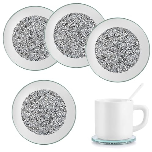 4Piece Glass Mirrored with Crushed Diamonds Coaster, 4 Silver Coasters Set, Round Crystal Mirror Coaster for Decorating Your Kitchen, Restaurant, Bar, Dining Table