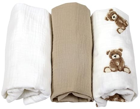 BabyLux Musselin Spannbettlaken Set – 3er Pack (40x80 cm) für Kinderwagen, Stubenwagen, Babybett & Wiege Matratzenbezug (z11 Weiß-Sand-Bär)