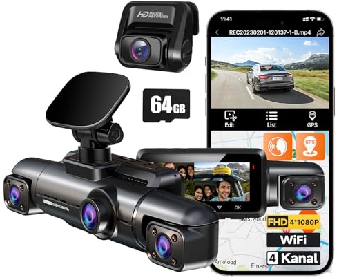 HUPEJOS 360° Dashcam Auto Vorne Hinten, 4 Kanal Dash Cam Auto Kamera, V60