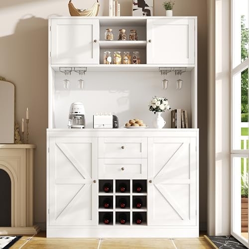 Doyisy Küchenschrank mit verstellbaren Ablagen & Weinregal, Hochschrank Küchenbuffet mit 4 Türen & 2 Schubladen, Sideboard für Küche & Wohnzimmer, Buffetschrank 120x40x188CM (Weiß)
