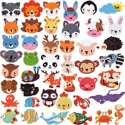 Barlone 44 Stück Diamond Painting Sticker, Diamond Painting Kinder ab 4 5 6, DIY Tiermalerei Diamant Aufkleber Set, Klebebilder für Kinder Junge Mädchen Erwachsene Anfänger