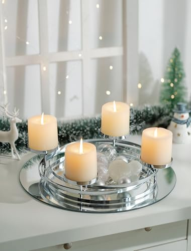 Romadedi Advent Wreath Modern Round Metal: Advent Wreath Frame Silver Diameter 30 cm for 4 Pillar Candles Diameter 8 cm - Scandinavian Advent Arrangement Minimalist for Table