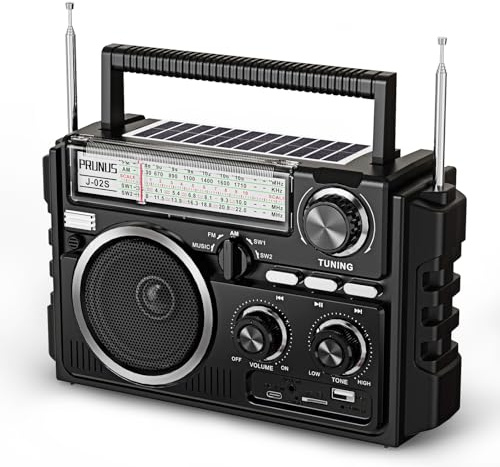 PRUNUS J-02 Poste Radio Portable Survie FM/AM/SW, Radio Portable Rechargeable avec Batterie 1800 mAh ou Piles D, TransistorRadio à Deux Antennes, Les Panneaux Solaires, Bluetooth 6.0/Carte TF/USB