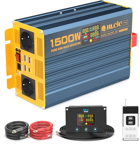 HLCJC Spannungswandler 1500W Reiner Sinus Wechselrichter 12V auf 230V, 3000W Spitze, mit USB-Anschluss für Auto, Wohnmobil, Camping