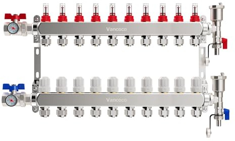 VANCOCO 10 Circuiti Collettore Riscaldamento a Pavimento, Eurokonus 16×2 mm, Valvole a Sfera Compatte 1, Portata 5 L/min, Kit Sfiato Veloce