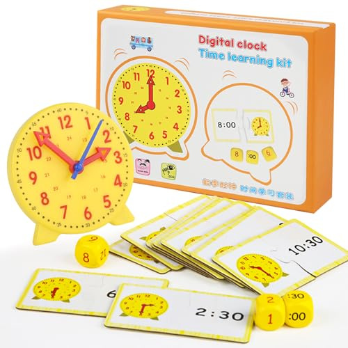 Aurihxus Uhr zum Lernen für Kinder, Grundschule Uhr Lernen, Lernuhr Grundschule mit Demonstrationsuhrmodell, Zeitkarte und Würfeln, Pädagogisches Spielzeug für Kinder Jungen Mädchen