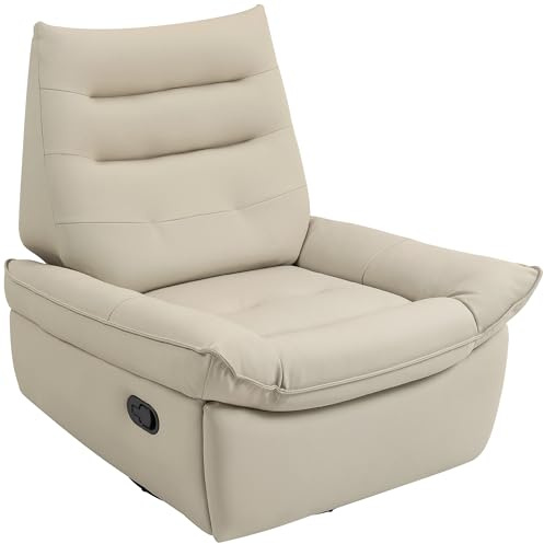 HOMCOM Poltrona Relax Reclinabile Manuale 135° con Poggiapiedi e Seduta Ampia, Poltroncina Reclinabile Imbottita Girevole con Dondolo, in Pelle PU per Camera da Letto, Salotto e Soggiorno, Crema