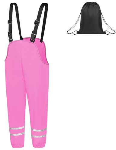 BSBUY Pantalones de Lluvia para Niñas, Pantalones Impermeables Niñas con Tiras Reflectantes, Ropa Impermeable para Niñas, Correa de Hombro Ajustable, Transpirable y Ligera