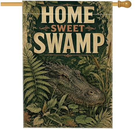 Bandera de casa de cocodrilo, helecho natural rústico, cola de gato, arpillera verde de verano, banderas decorativas de doble cara para porche exterior para césped al aire libre, patio, entrada, 28 x