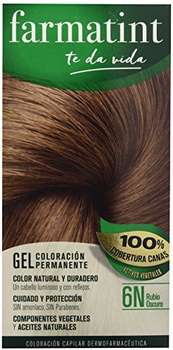 Farmatint Tinte permanente 6N Rubio Oscuro, Cabello natural y color duradero. Sin amoníaco ni parabenes ni parafinas ni siliconas, 135ml