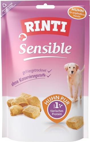 RINTI - Sensible Snack | 120 g Huhn Pur | Leicht verdauliche Snacks für Sensible, ausgewachsene Hunde. Getreide- und zuckerfreie Hundesnacks ohne Zusatzstoffe im Frischebeutel