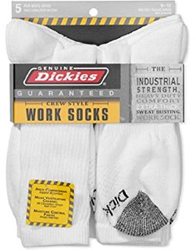 Dickies Genuine Mens 5-Pair Crew Work Socks - (10-13 sock/6-12 shoe, 5 pair white, Medium)