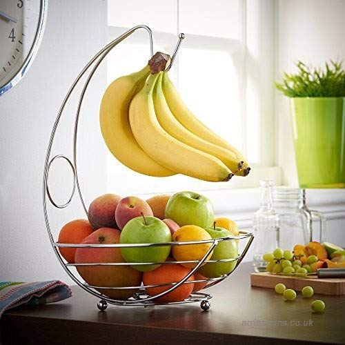 Garden Mile® 2 in 1 Kitchen Storage Fruit Bowl & Banana Hanger Chrome Metal Finish Modern Fruit Basket Durable Keeps Fruit Fresh Curved Arm Centre Piece for Your Kitchen