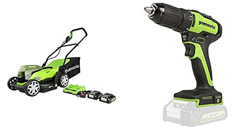 Greenworks Tondeuse à batterie G24X2LM36K2x sac collecteur Réglage central de la hauteur de coupe incl. 2x 2Ah batterie et chargeur + Greenworks Tools Tournevis sans fil et perceuse GD24DD35