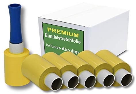 Mini Stretchfolie Set 40 Rollen+1 hochwertiger Abroller - 100mm breit - 150m je Rolle - verschiedene Farben - zäh & reißfest (Gelb)