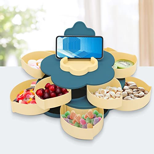 Dhouse Blütenblatt Rotierende Süßigkeiten Box 2-Lagen Blüte Snack Box rotierendes Obsttablett Multifunktionale Kunststoff Snackbox Blume mit Handyhalterung für zu Hause Hochzeit Weihnachtsfeier