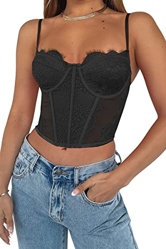 Dealmore Y2K - Top corsetto da donna in pizzo con spalline e spaghetti in maglia Y2K per appuntamenti e serate, Nero, M