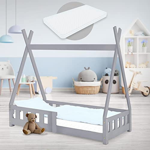 ML-Design Lit Enfant Tipi 70x140 cm Gris Clair avec Matelas à Mousse Froide Polyester, Housse Amovible, Sommier à Lattes, Anti-Chute, Lit Style Indien en Bois de Pin Massif, Protection Contre Chutes