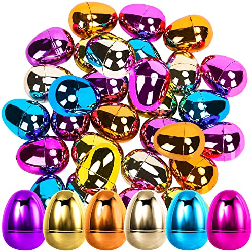 AnyDesign 24pc Fillable Metallic Shiny Easter Eggs for Filling Specific Treats, Easter Theme Party Favor Eggs, Hunt Basket Stuffers, Classroom Prize Supplies