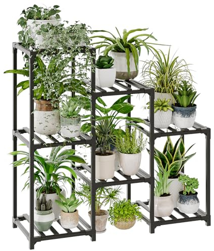 Bamworld Pflanzenregal Indoor Outdoor Blumenständer holz pflanzenständer für 7 Etagen Terrasse Balkon Garten Gartenarbeit Mutter Geschenke（Schwarz）