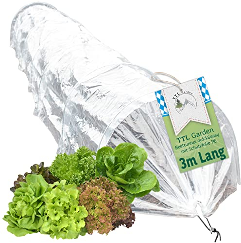 TTL Garden Quick&Easy Folientunnel 300x45x30cm mit PE Folie - sofort nutzbarer 3m Folien Tunnel mit Kordel, 7 Tunnelbögen Abdeckung Frühbeet Hochbeet Gemüsebeet, Wärme & Frostschutz für Pflanzen