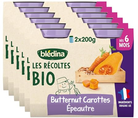 Blédina - Les Récoltes Bio - Butternut Carottes Epautre - Recette BIO et simple - Dès 6 mois - 12 Pots de 200g