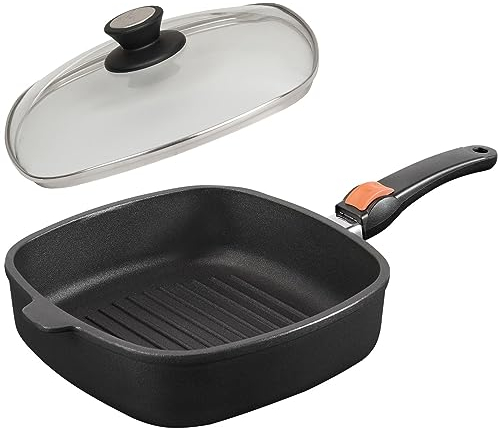 SKK große 2-tlg. Guss Grillpfanne 26x26 cm - Induktion - eckige Antihaft Steakpfanne Stiel abnehmbar gerippter Boden & Deckel - Made in Germany