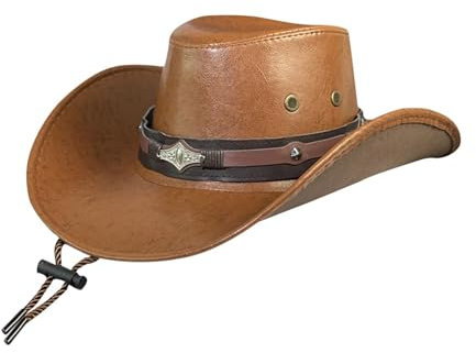 Fonowx Cowboyhut mit verstellbarem Kinnriemen, breiter Krempe, Sonnenschutzhut, Jazzkappen für Karneval, Urlaub, Party, Cosplay, Anzieh, braun