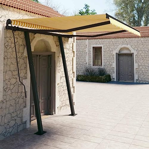 Sichtschutz Balkon Überdachung haustür Haustürüberdachungen Gelenkarmmarkise Automatisch mit Pfosten 3x2,5 m Gelb und WeißGeeignet für Haustür,Balkon, Pavillion