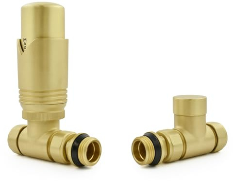 Hot Flow Brushed Brass Marella 3 Modern Thermostatic Radiator Valve Straight TRV. Includes Straight TRV Body, Wheel Head & Lock Shield for Quick & Easy Temperature Control.