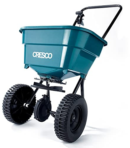 CRESCO 10 Dünger, Salz- und Samenstreuer – CR10SW Rollen-Grüner Roller | Easy Push Streuer | für Rasen- und Gartenpflege | Einstellbare Streumuster-Kontrolle | Kompletter schwerer bis leichter