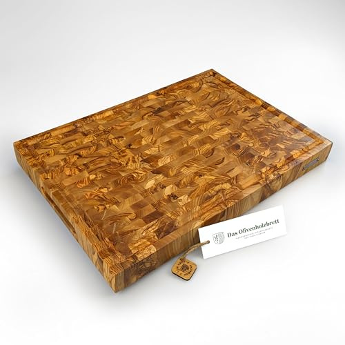DAS OLIVENHOLZBRETT®Mosaik Schneidebrett m.Saftrille/rechteckig 49x35x4,5cm | Exklusives Olivenholz/Hirnholzbrett aus Olivenholz/Stirnholz/massiv/ luxurioses Küchenbrett/hochwertig verarbeitet!