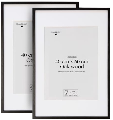 Framelane Bilderrahmen aus Eichenholz, 2er-Set, 40 x 60 cm, Schwarz | 2er-Set, 50x70, Schwarz, FSC-Eiche, Gehärtetes Glas, Passepartout, Wand und Tisch