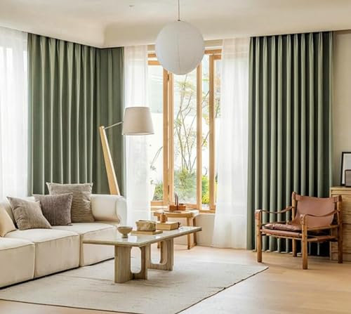 Gualiy Vorhang Gardine 2er Set, Gardienen Vorhänge Blickdicht Haken 132x138CM Einfarbig Vorhang Grün Vorhänge für Wohnung