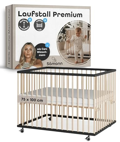 Sämann Laufstall Baby mit Lattenrost | stufenlos höhenverstellbar | Laufgitter Premium | Babybett aus Holz | Krabbelgitter (schwarz/natur, 75x100 cm)