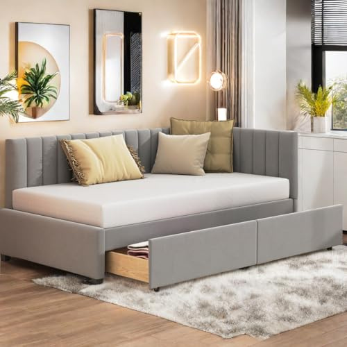 Sapgaks Bett 90x200 Schlafsofa mit bettkasten Polsterbett Einzelbett mit Schubladen Multifunktionsbett mit 2 großen Stauraumschubladen und Lattenrost hautfreundlicher Samtstoff Grau