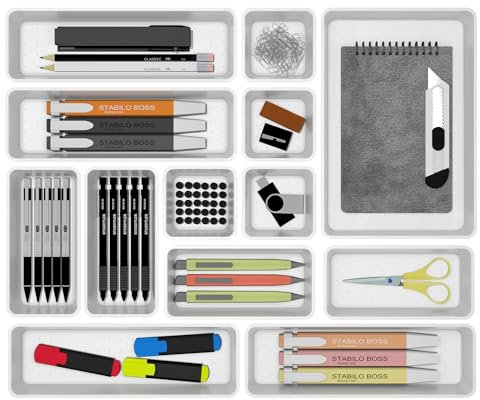 Cetomo Set di 14 organizer per cassetti, organizer in plastica, divisori per cassetti, regolabili ed espandibili, vassoio per utensili da cucina, cosmetici, trucchi, gadget, bianco, 4 dimensioni