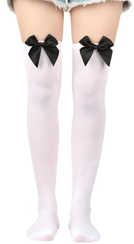 GEBETTER Knee High Socks White with Black Bow Thigh High Stocking Socks Fit One Size up to EU 36-42 Over Knee Long Sock for Women Halloween Fancy Dress Costume Accessories