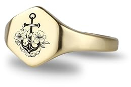 ANEMONE JEWELRY Geblümter Anker Siegelring - Personalisierter Ring - Gravierter Ankerring - Sechseckiger Ring