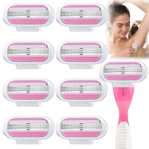 Rasierklingen Damen, 8 Stück Nachfüllklingen für Damen, davon 1 für eine sanfte Rasur mit Griff, 3 Klingen mit schützendem Gleitstreifen, angenehme, sanfte Sicherheitsrasur, ideal für eine sanfte Rasu