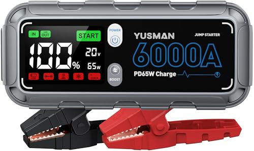 YUSMAN Arrancador de Coche, Y10 6000A Arrancador de Coche Portátil con para All Gasolina o 10L Diesel, Linterna LED de Emergencia,Carga Rápida, Pantalla LCD Extragrande