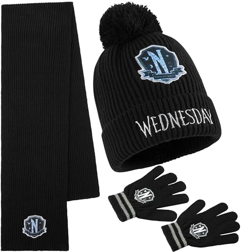 Wednesday Berretto Bambina Set, 3Pz Accessori Invernali, 6-14 Anni, Cappello Sciarpa Guanti per Viaggi Scuola, Regalo Ragazza