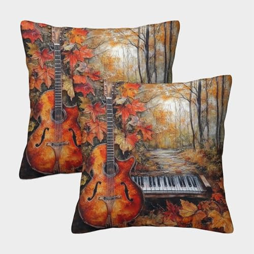 CTAMM 2er-Pack Kissenbezug 50x50cm Deko-Kissenbezug Herbst Deko-Kissenbezug Jazz Gitarre and Piano Deko-Sofa-Kissenbezug Mit Muster Passend Für Sofa Wohnzimmer Balkon Garten Auto