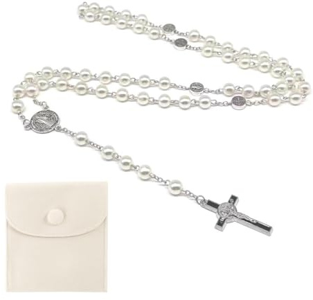 OHREN Chapelet de Communion, Collier de Perles avec Pochette en Velours, Chaîne de Prière Catholique, Croix de Jésus, Bijoux de Foi, Cadeaux pour Femmes et Hommes, Filles et Garçons